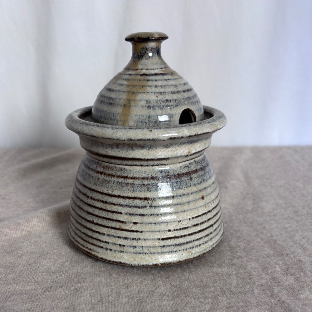 Vintage Studio Pottery Lidded Jam Honey Pot Ribbed Stoneware Glazed Jar Notch